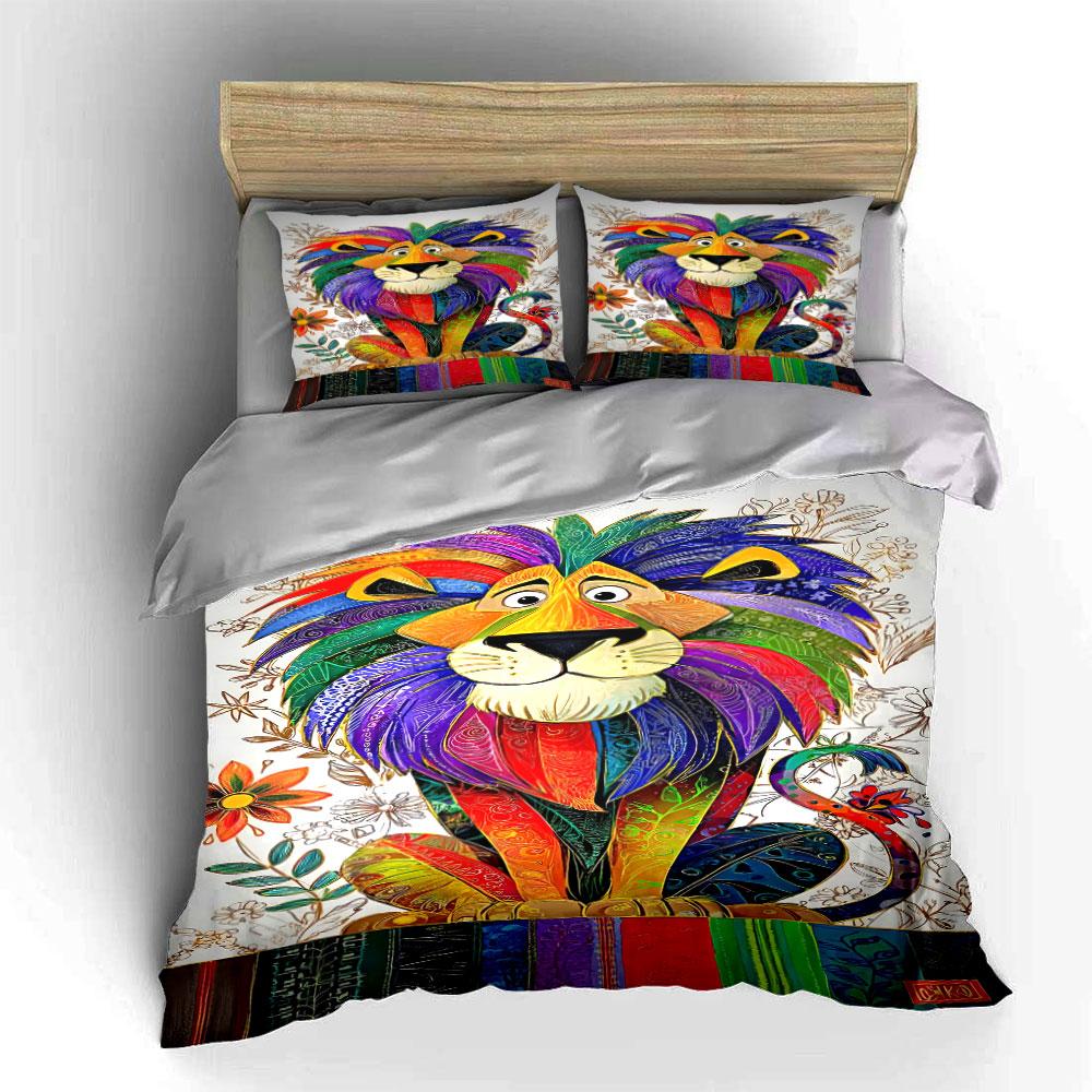 Colorful lion with flowers. Bedding sets Duvet cover sets Duvet covers Pillowcases(1* Duvet Cover 2* Pillowcases without duvet insert)