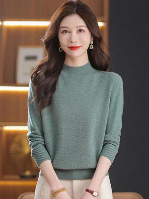 Women's Semi-High Neck Wool Sweater - 100% Pure Wool, Perfect for Autumn/Winter