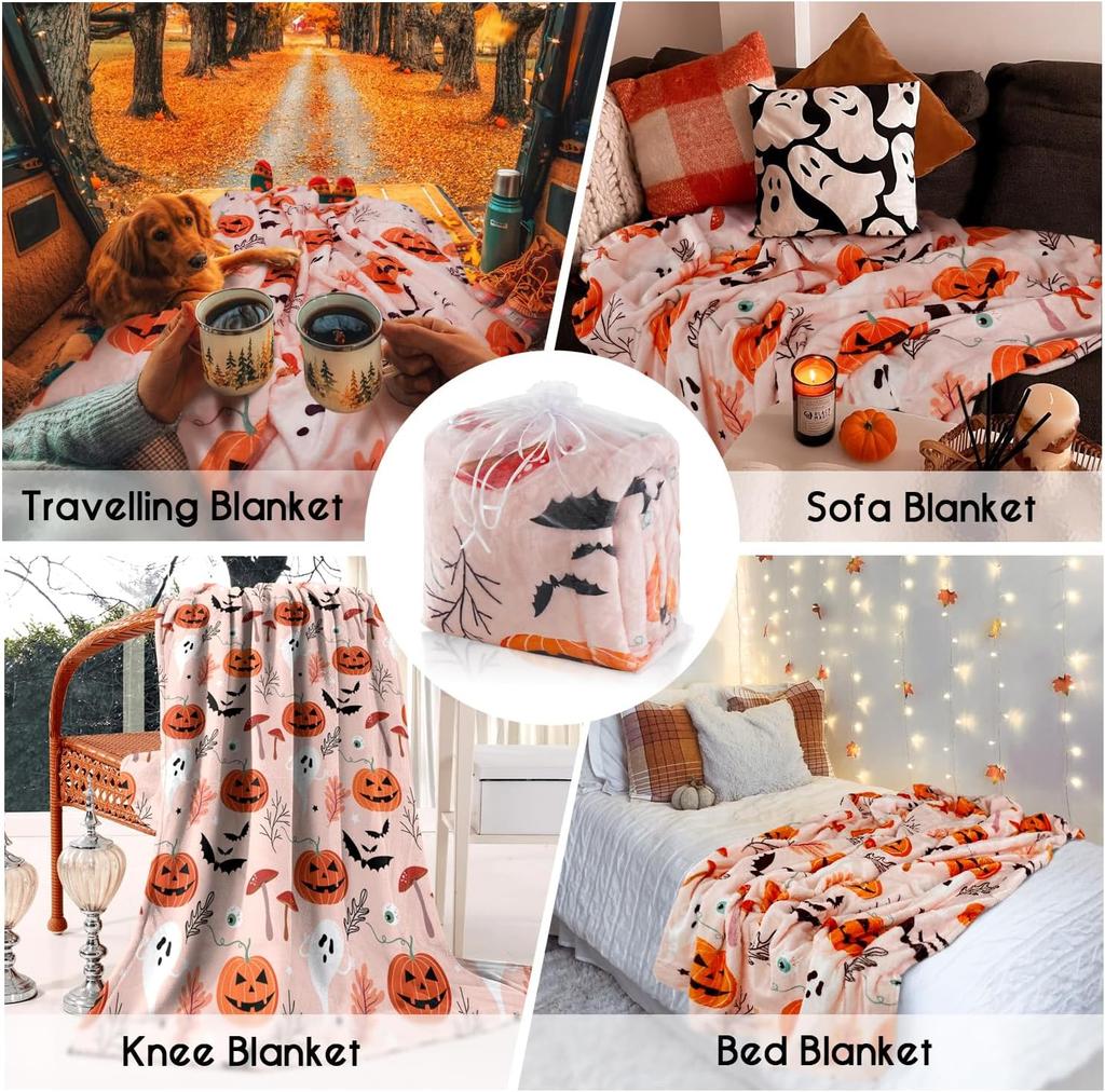 Halloween Blanket,Halloween Pink Pumpkin Ghost Mushroom Fleece Blankets,Fall Thanksgiving Farmhouse Gifts for Women Flannel Thro
