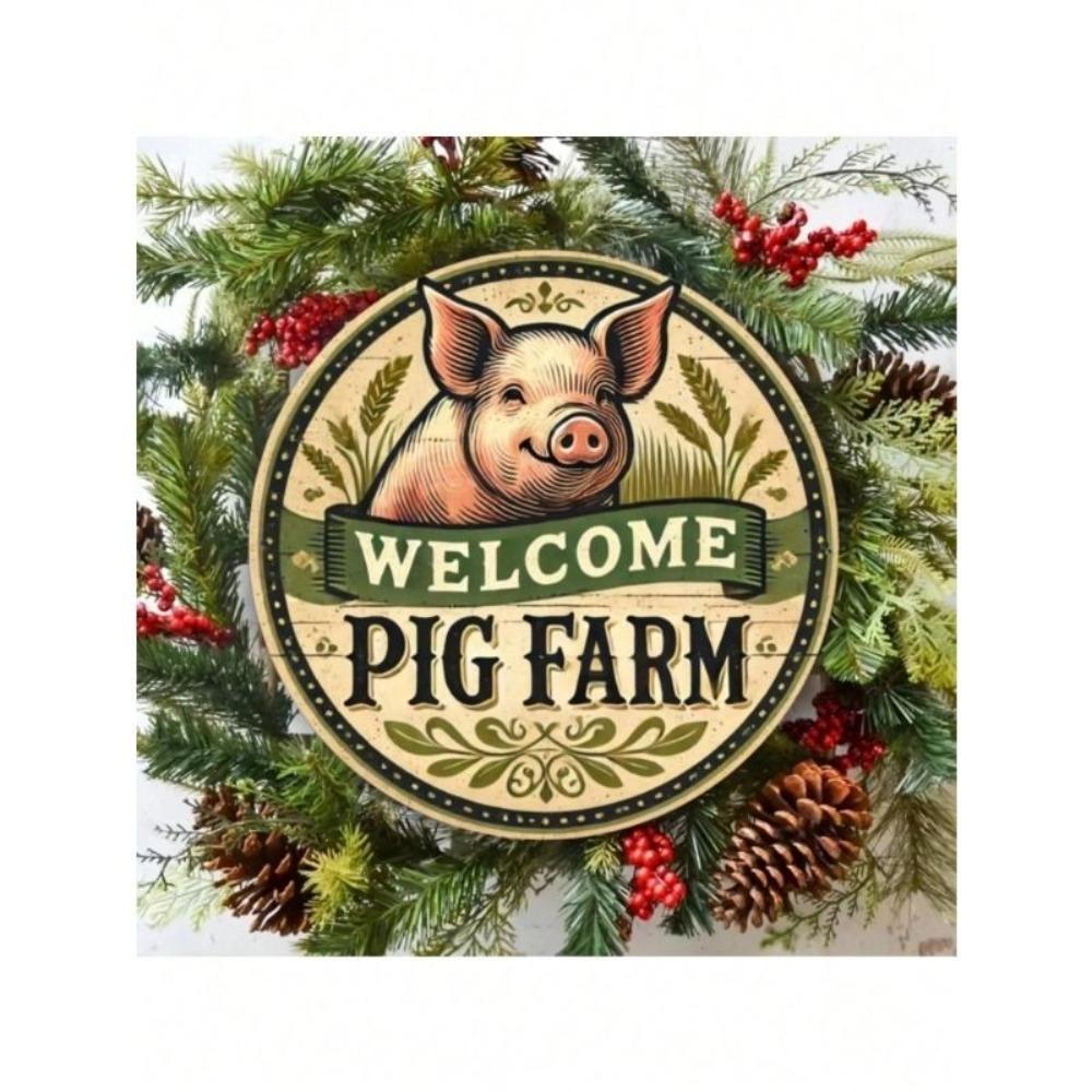 Vintage Farm Pig Round Metal Wall Art Home Decor Sign