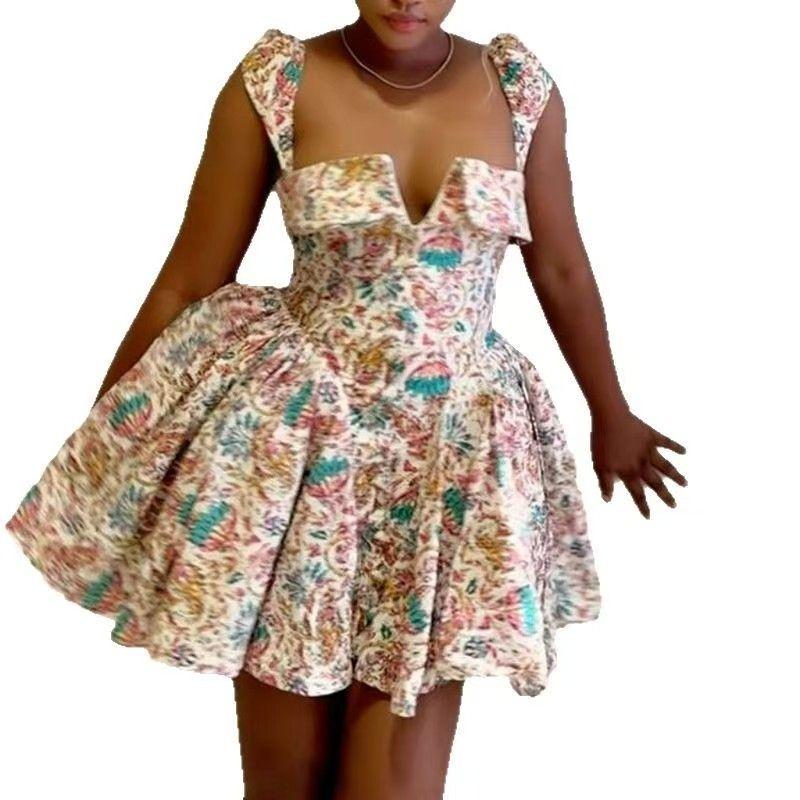 European and American New Elegant Square Collar Print High Waist A Word Dress Square Collar Printed Dress