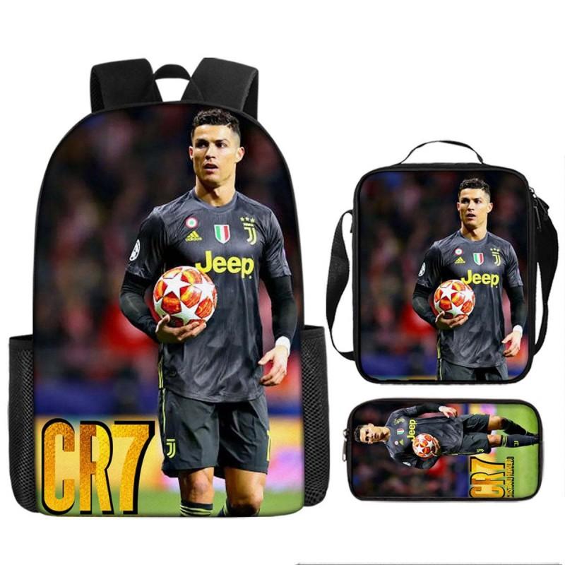 Conjunto de Mochila Escolar Infantil Estampada Cristiano Ronaldo Meninos Meninas 3 Peças Mochila de Tecido Oxford Com Lancheira Estojo