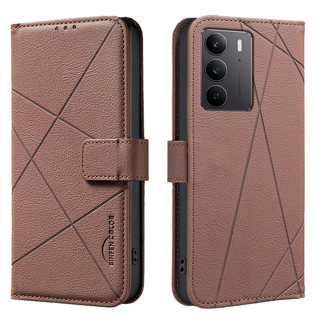 

For Realme C75 4G Case BINFEN COLOR BF35 Geometry Imprinted Leather Phone Cover RFID Blocking Wallet Stand Brown