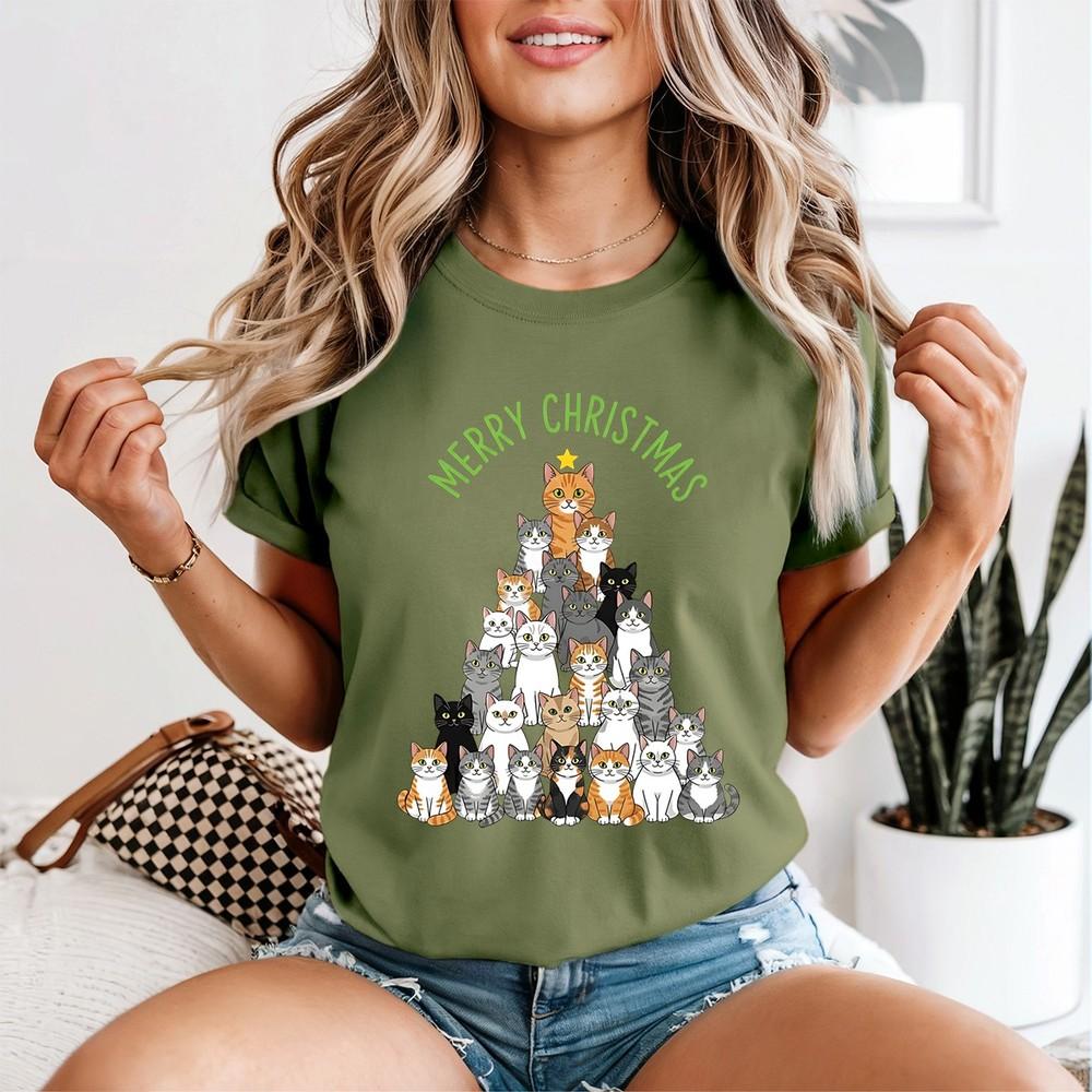 Merry Christmas Cat Christmas Tree Holiday Unisexs TShirt Festive