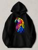 Black Hooded Sweatshirt with Vibrant Rainbow Parrot Print - Colorful Bird Graphic Pullover Hoodie Regular Fit Casual Streetwear Su