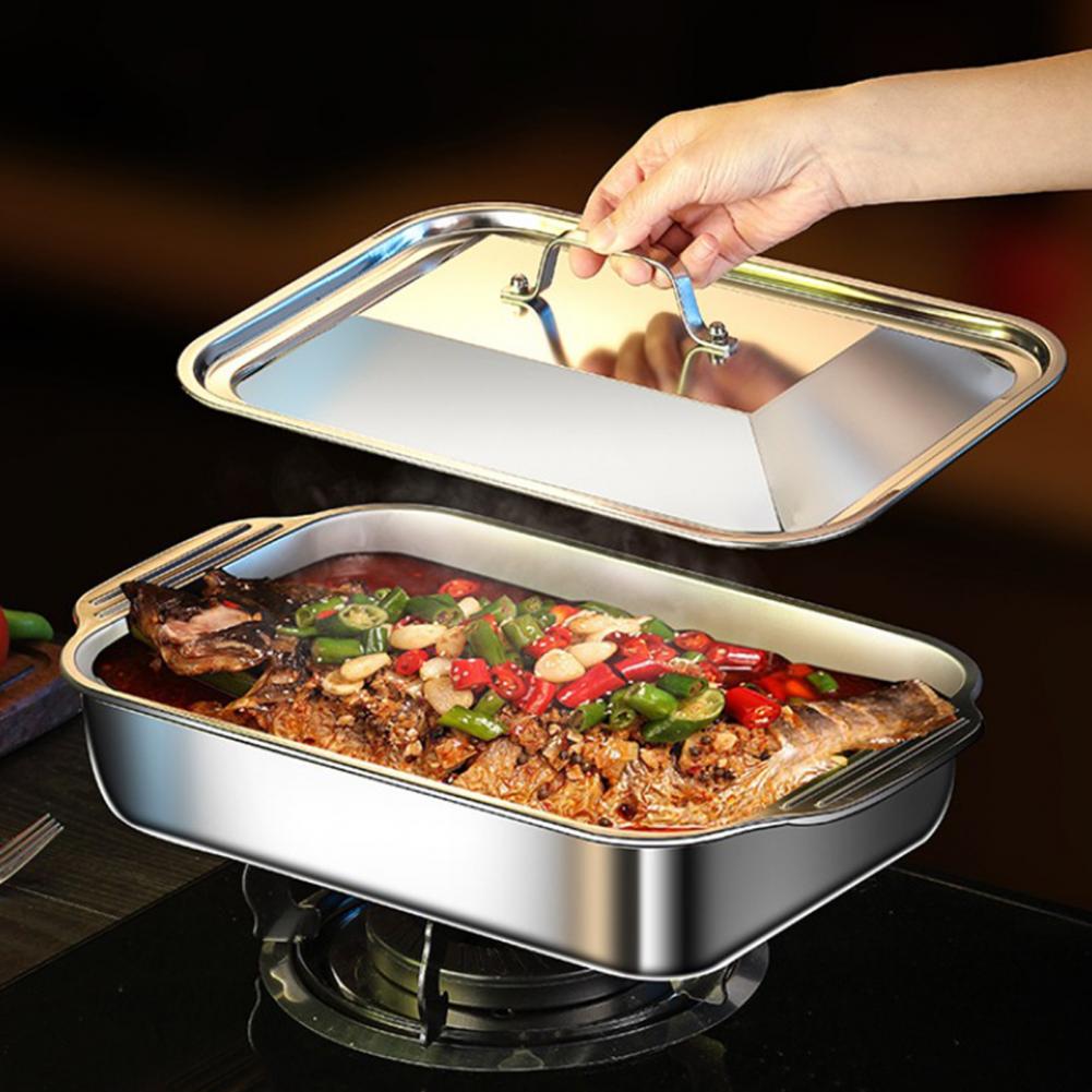Edelstahl Bratrost mit Deckel und Griff, Schwerlast Truthahn Backblech, Grillpfanne, Hohe Seiten, Induktions-Bratpfanne