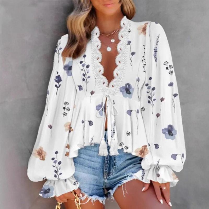 2025 Jaro a Podzim Nová Dámská Halenka s V-výstřihem, Krajkovým Všitím a Potiskem