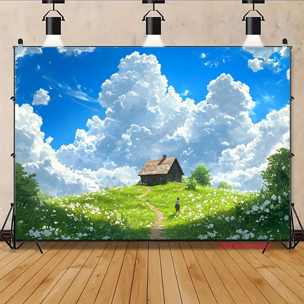 2D plane, small house in the white flower field, suitable as a background for parties and outdoor activities, polyester fiber