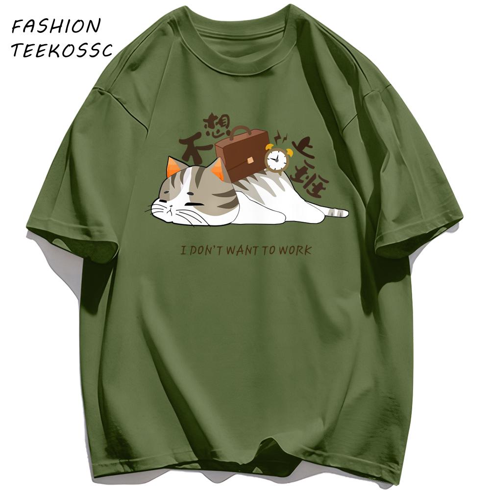 A Tired Working Cat Pattern Men TShirt Casual Oversize T Shirts Hip Hop Cotton Streetwear Summer AllMatch Soft Short Sleeve