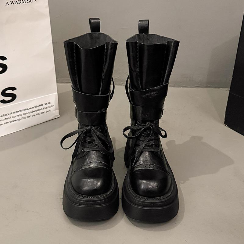7Cm thick-soled buckle locomotive boots women's 2025 autumn new retro British style heightening Martin boots medium tube knight boots