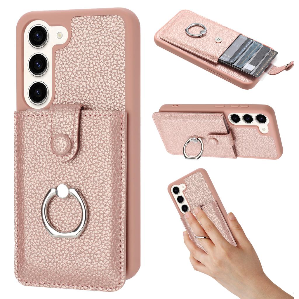 For Samsung Galaxy S23 Case Drawing Type Card Slots Litchi Texture Leather Back Cover with Ring Kickstand