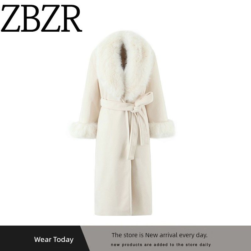 Za Autumn and Winter New Women's Clothing Zr European and American Style Fashionable Large Fur Collar Belt White Woolen Coat Long Jacket