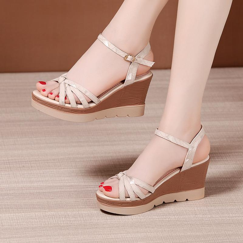 Fashion 8cm Women's High Heels Shoes Women 2025 Summer Ankle Buckle Office Model Chunky Platform Wedges Sandals Black Plus Size 32-43