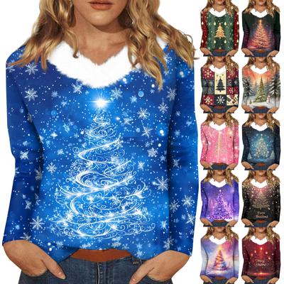 Women's T Shirt Shirt Long Sleeve Christmas Party Printed Plush Collar V Neck  Top