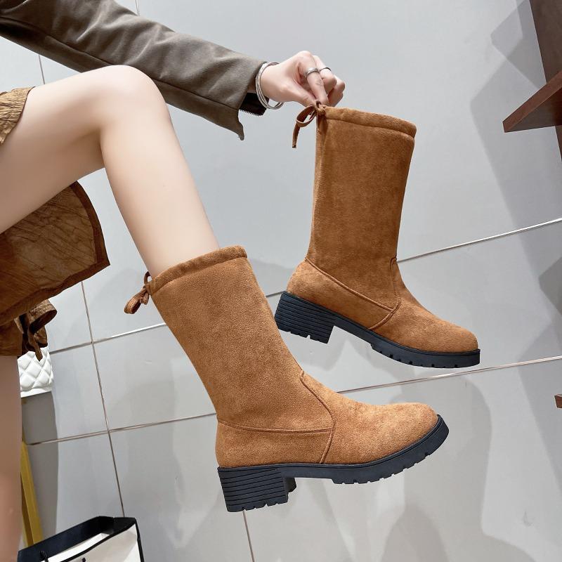 Autumn and Winter New Thick Heel Suede Large Size Velvet Cotton Boots Rear Lace-up Round Head Middle Heel Thin Boots