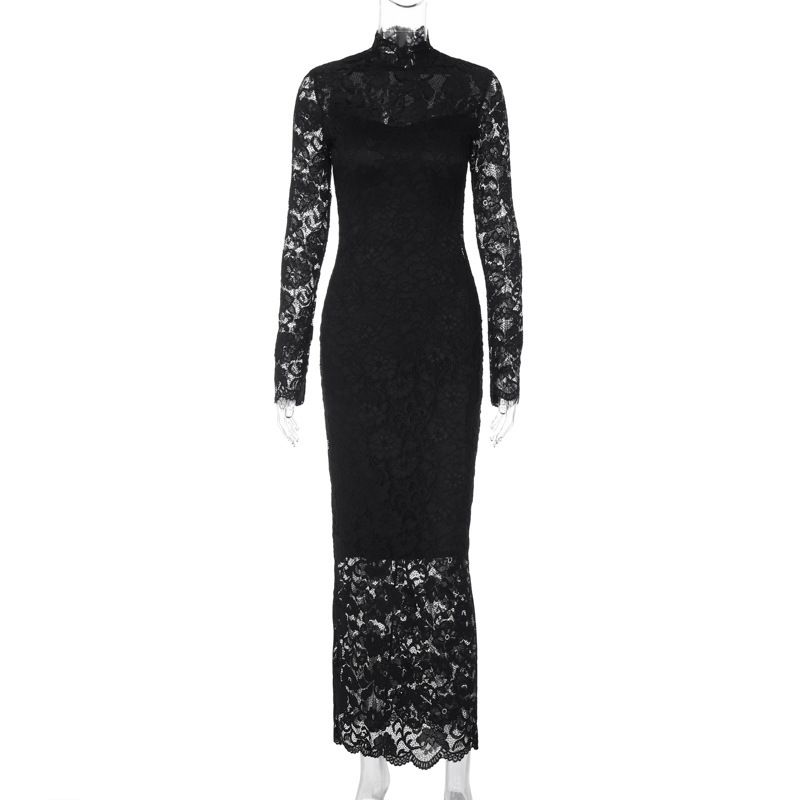 

Amazon Cross-Border Women clothes 2024 Summer New Product Fashion Sexy Lace Stitching Slim fit Long sleeve dress Black L
