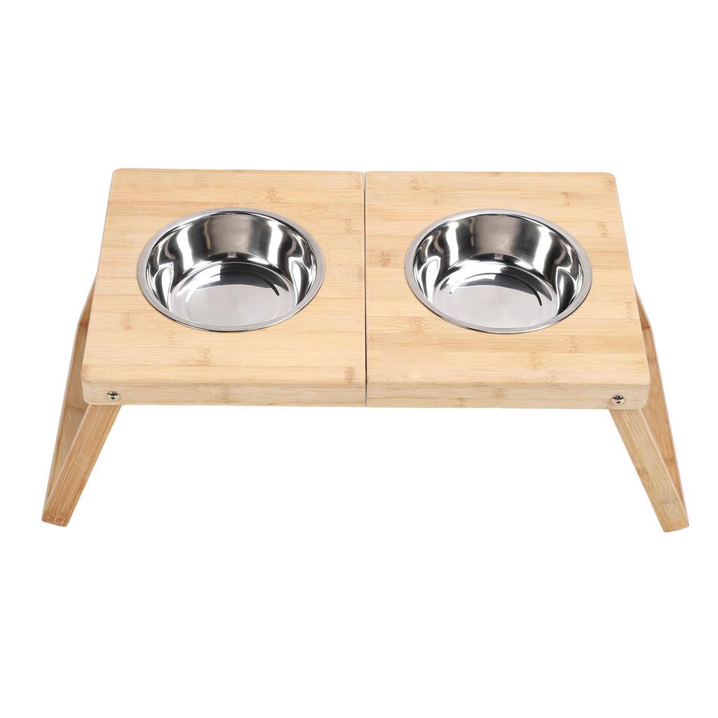Elevated Cat Bowls Stand Multipurpose Double Stainless Steel Bamboo Raised Dog Bowl for Cats Dogs Pets