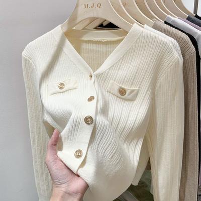 French Soild Elegant Knitted Cardigan Women Casual V-neck Base White Long Sleeved Sweater Tops Spring Autumn 2025