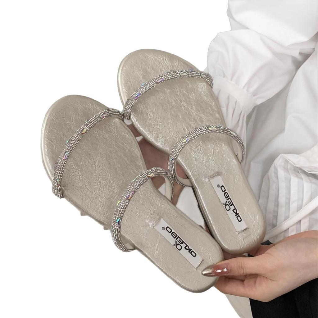 Flat-bottomed Rhinestone Fashion Sandals 2025 Summer French Sweet Yellow Open-toed Vacation Beach Cool Slippers Women's Shoes