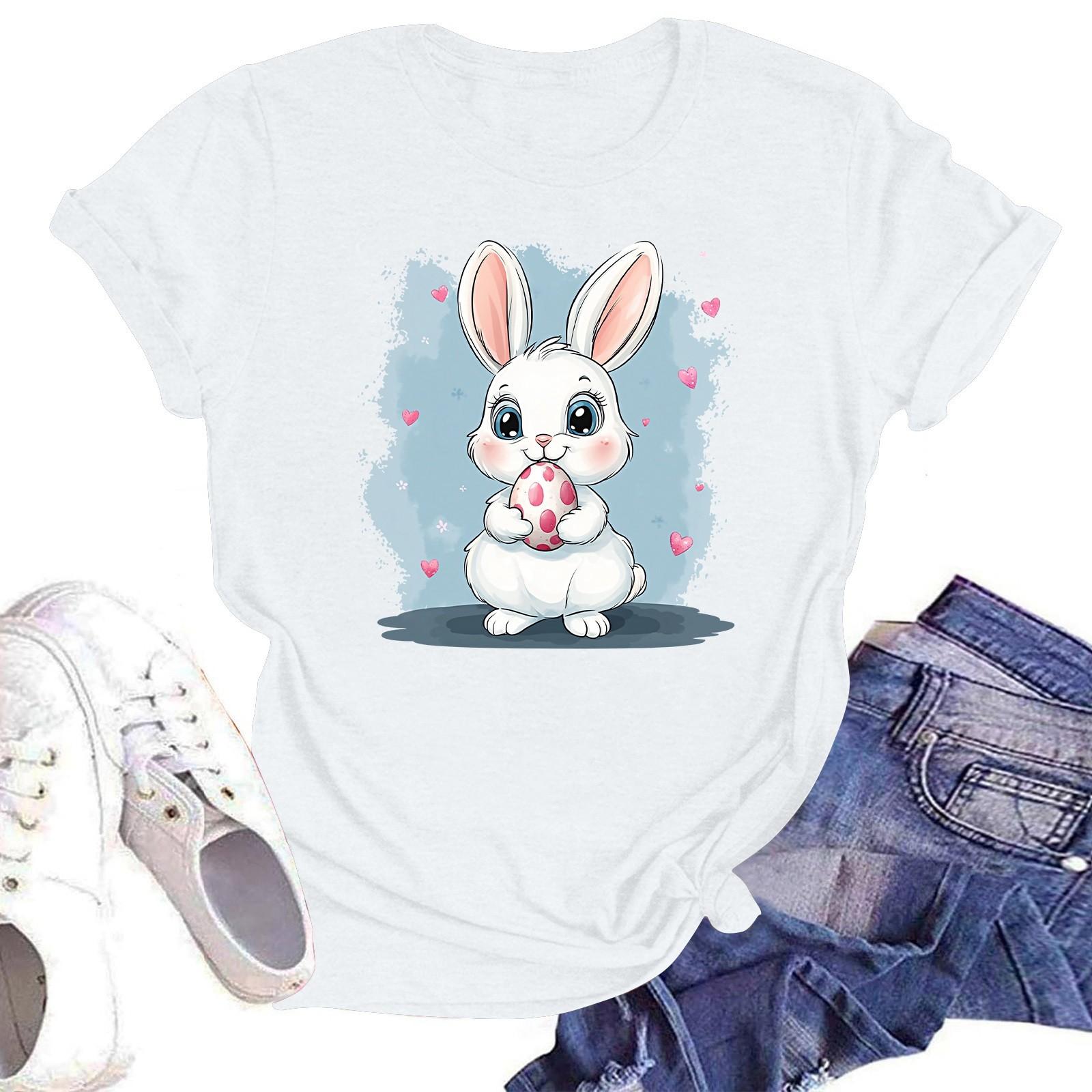 

З Великоднем Жіноча Мода Принтована Футболка з Круглим Вирізом та Коротким Рукавом Пуловер Топ XL білий