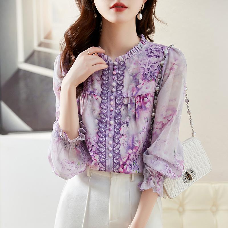 New Korean Style Spring and Summer Style Thin Style, Slim and Fashionable Heavy Industry Printed Lantern Long-sleeved Shirt for Women