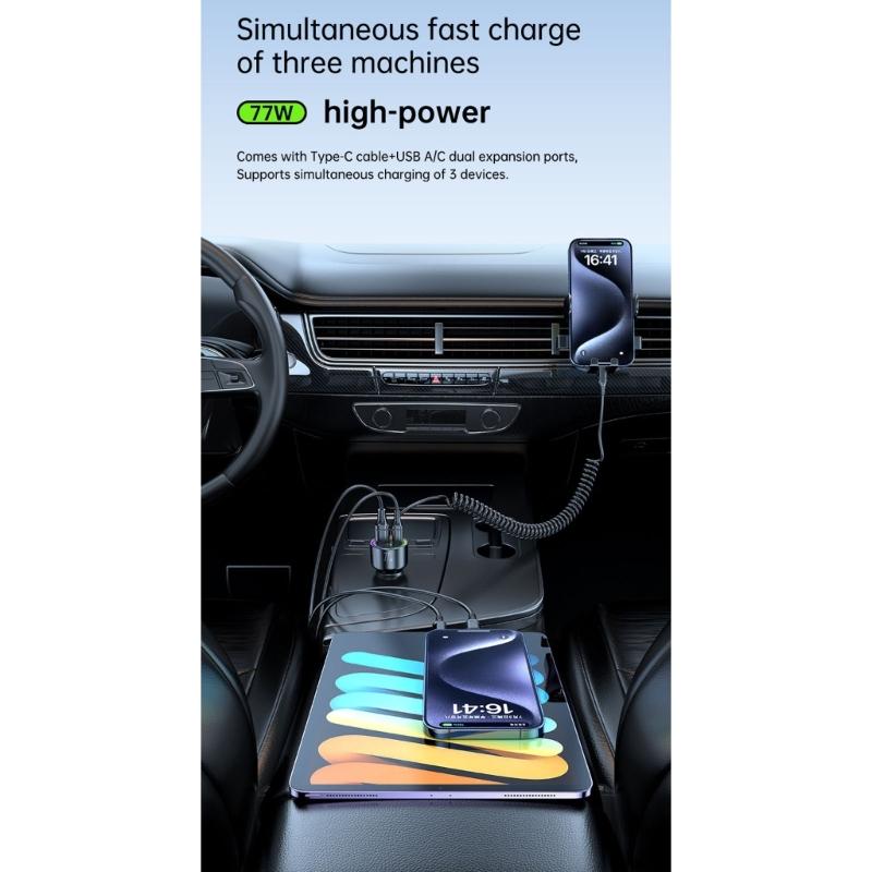 77W Bluetooth-compatible 5.4 FM Transmitter Car Adapter 65W+12W Fast Charging Car Adapter Call Sound LED Display