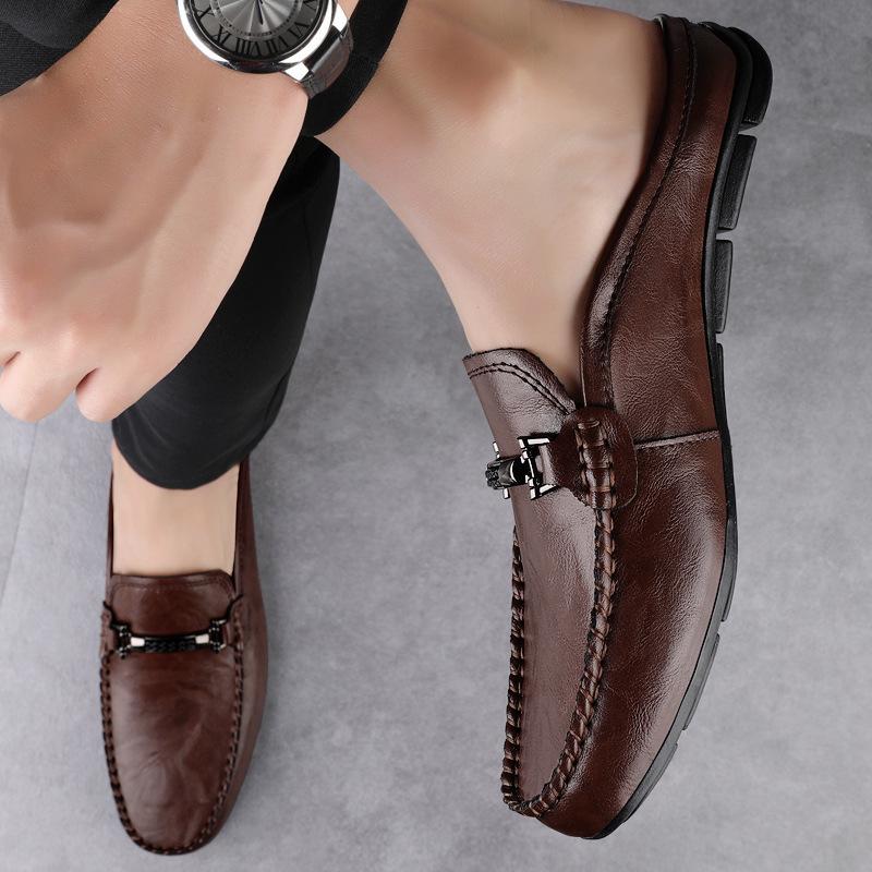 Men's Large Size Genuine Leather Closed-Toe Backless Slippers - Soft Sole Cowhide Summer Sandals