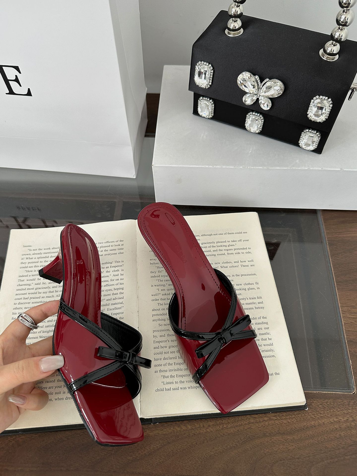 Slippers Summer French Style Elegant Patent Leather Square Toe Color Block Bow High Heels High Heelsandalswomen Ssummerstyle 35 красный