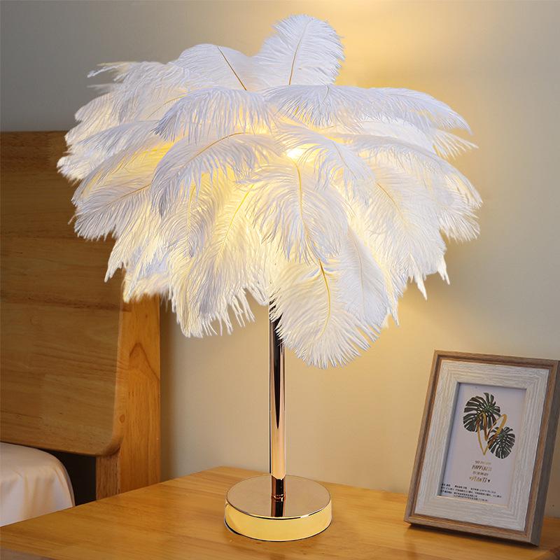 Nordic White Feather LED Desk Lamp - Natural Style for Bedroom, Restaurant, or Bookstore Decor
