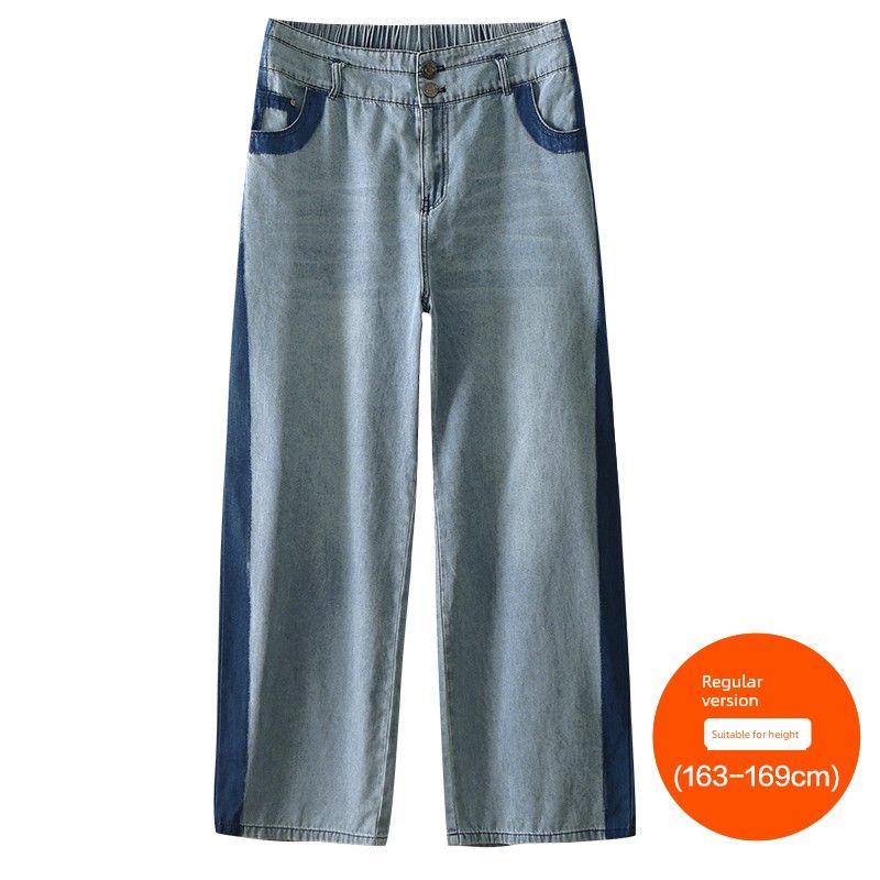 

Plus size women clothing [Super Model Jeans] Three Pants Length Straight Faded Contrast Color High Waist Casual Wide Leg Pants on Both Sides Blue (163-169cm) 36