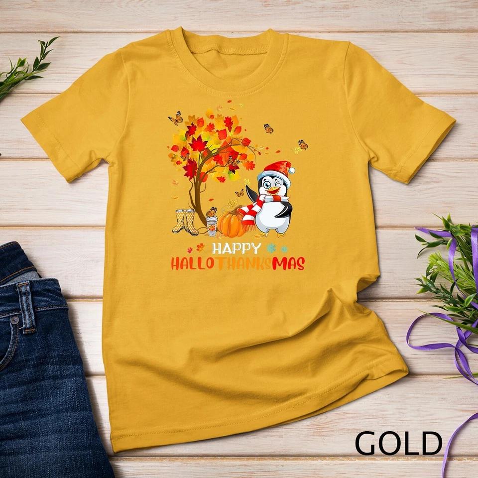 Penguin Halloween And Merry Christmas Happy Hallothanksmas Unisex T-shirt 4 4XL