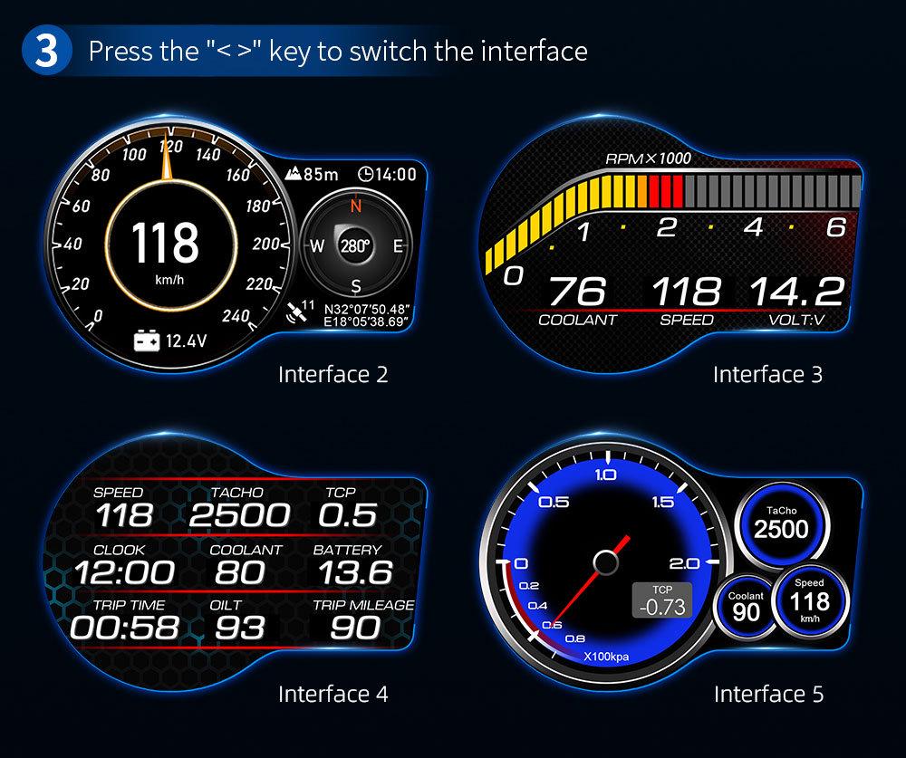 F15 Car Mod HUD: OBD Display for Speed, RPM, Water & Oil Temp, Fuel Consumption, Turbo & Clock