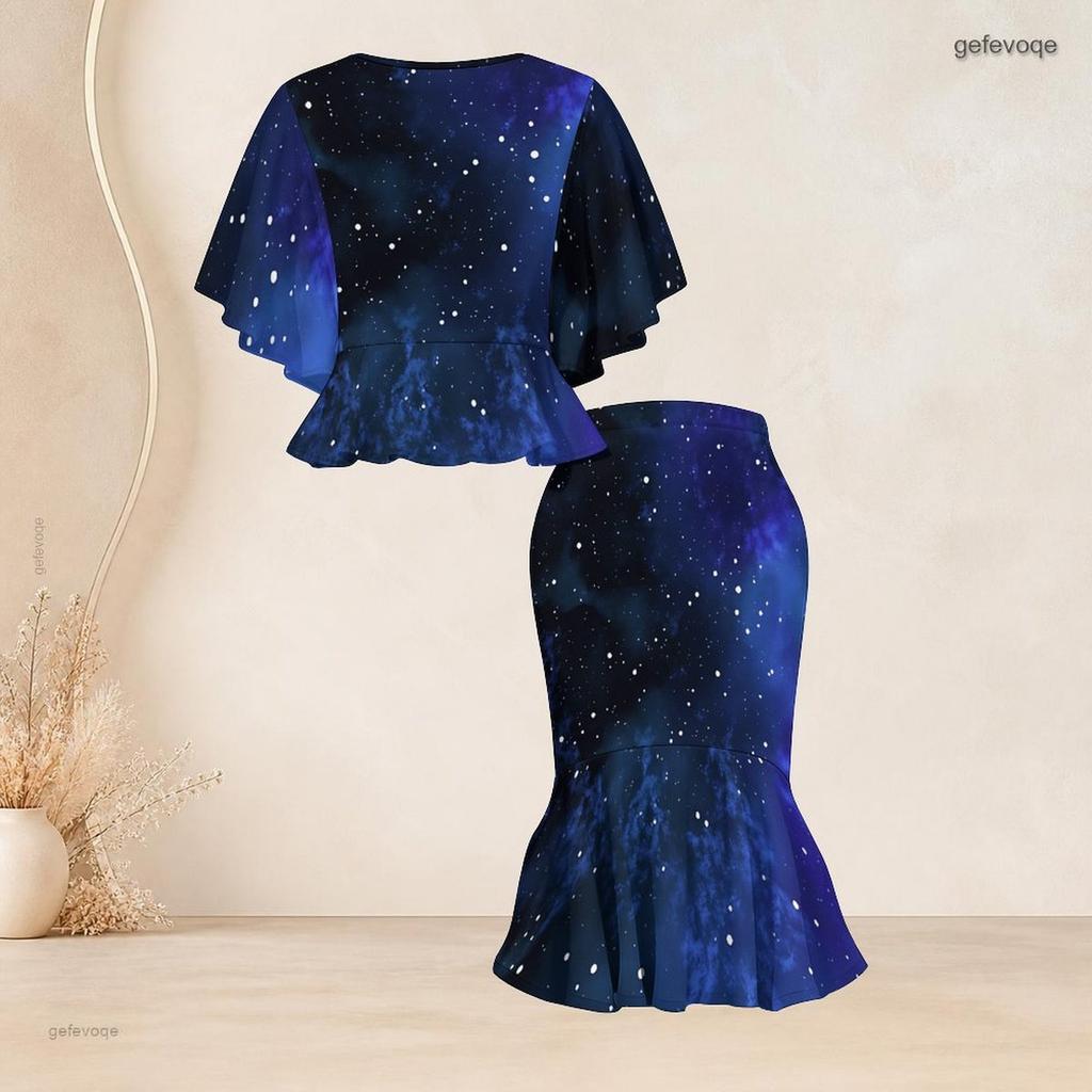 Women Plus Size Two Piece Skirt Set Round Neck Batwing Sleeve Printed Green Black Ruffle Hem Top Fishtail Skirt