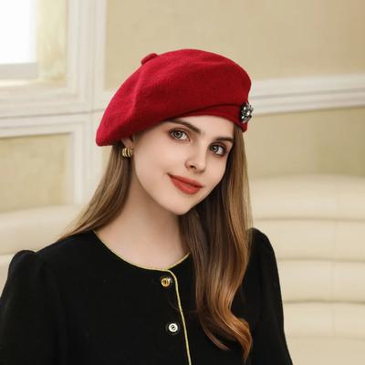 Wintermützen für Damen, luxuriöse Baskenmütze aus Wolle mit Strass-Dekor, weiche, warme schwarze Mützen, modische Beanie für Damen
