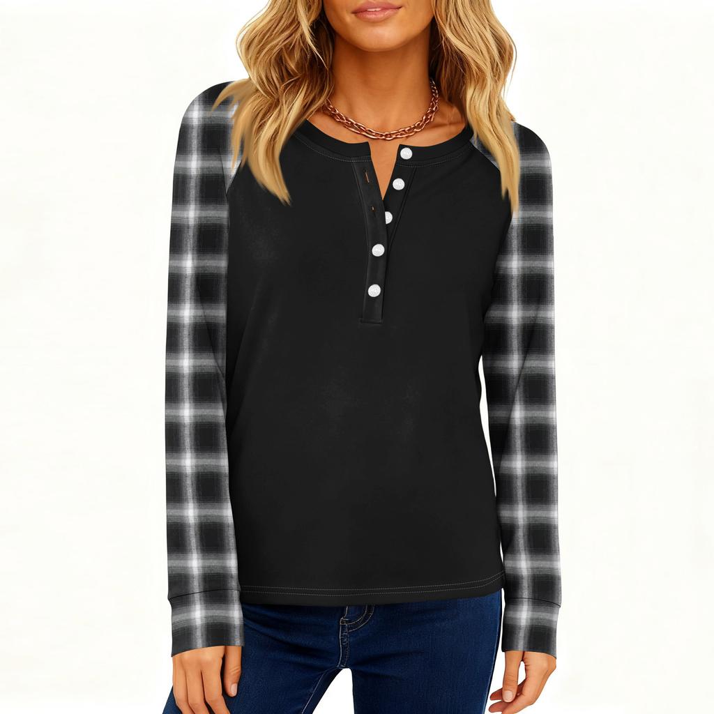 Dámská móda Volný top s dlouhým rukávem a kulatým výstřihem