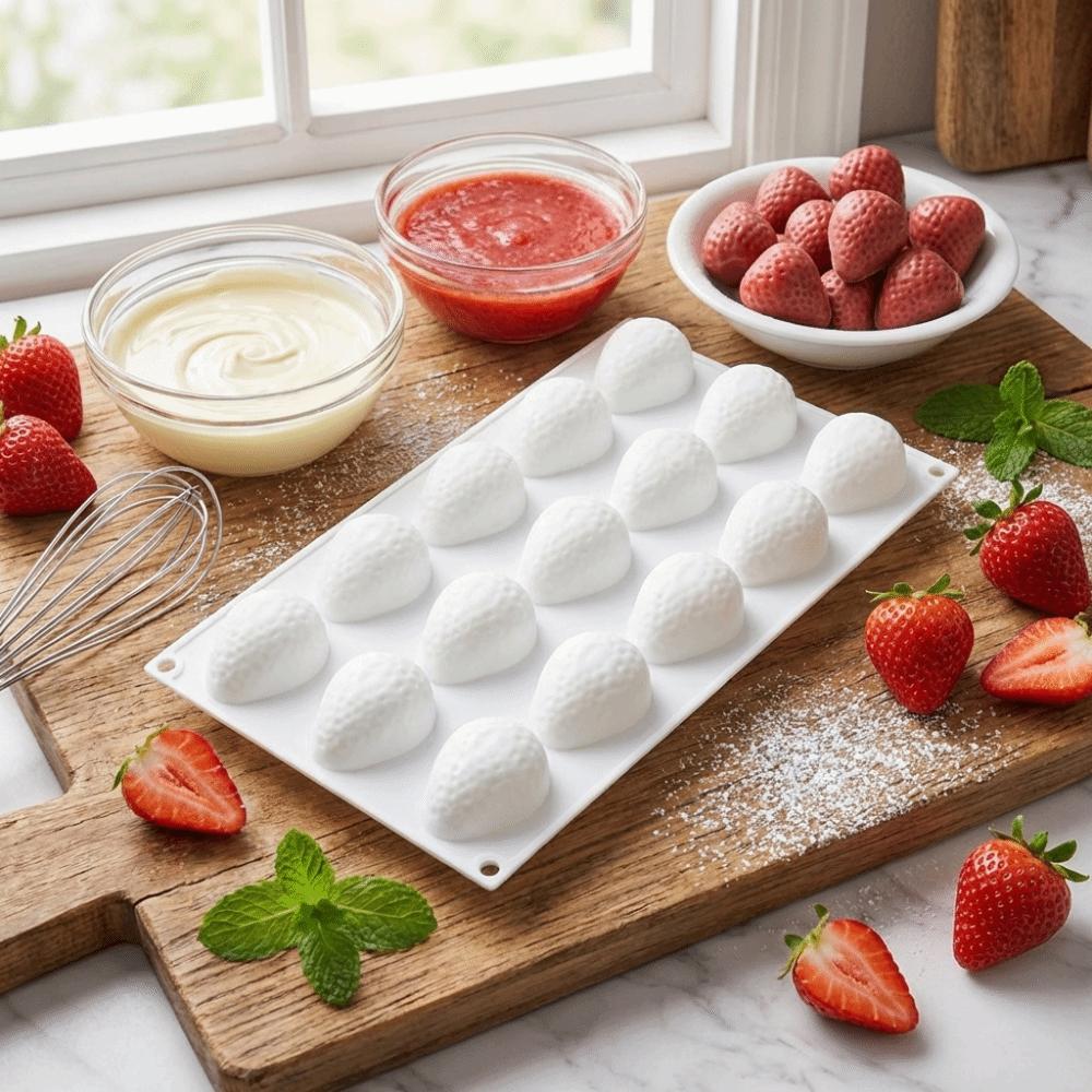 15 Cavities Trawberry Mousse Cake Mold 3D Design Realistic Fruit Fruit Silicone Mold Reusable Food Grade Candy Cookie Mould