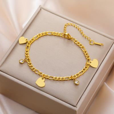 Heart Clear Zircon Charm Bracelet Stainless Steel Gold Women Figaro Chain Bracelets Jewelry Gift