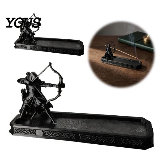 Unique Gift for Gamers Incense Holder with Catch Tray, Archer Warrior Figurine Burner, 3D Printed Matte Black Resin Decor Decorative Stick Stand Desk,