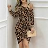 Women Plus Size Asymmetric Off Shoulder Long Sleeve Grey Black Leopard Print Irregular Wrap Bodycon Midi Dress