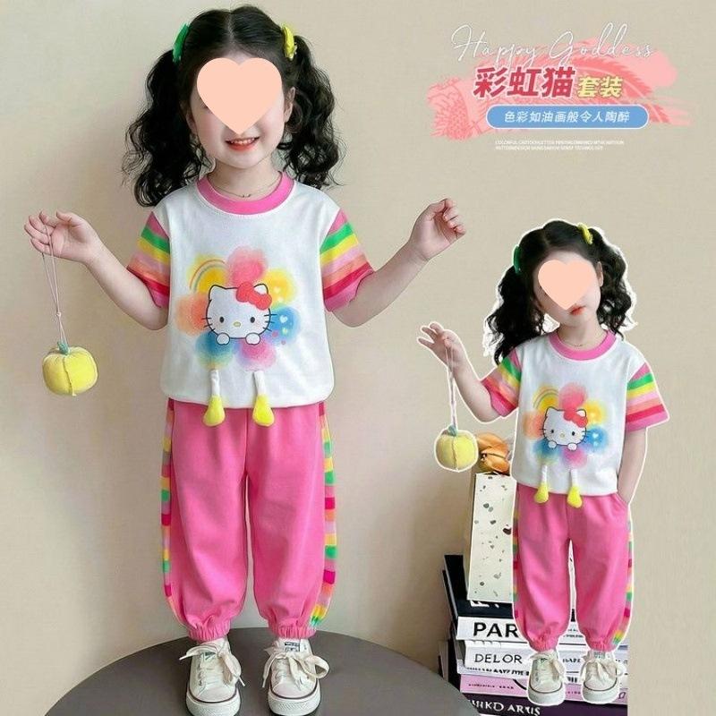 Girls Summer Lightweight Short Sleeve Set with Cute Cat Print