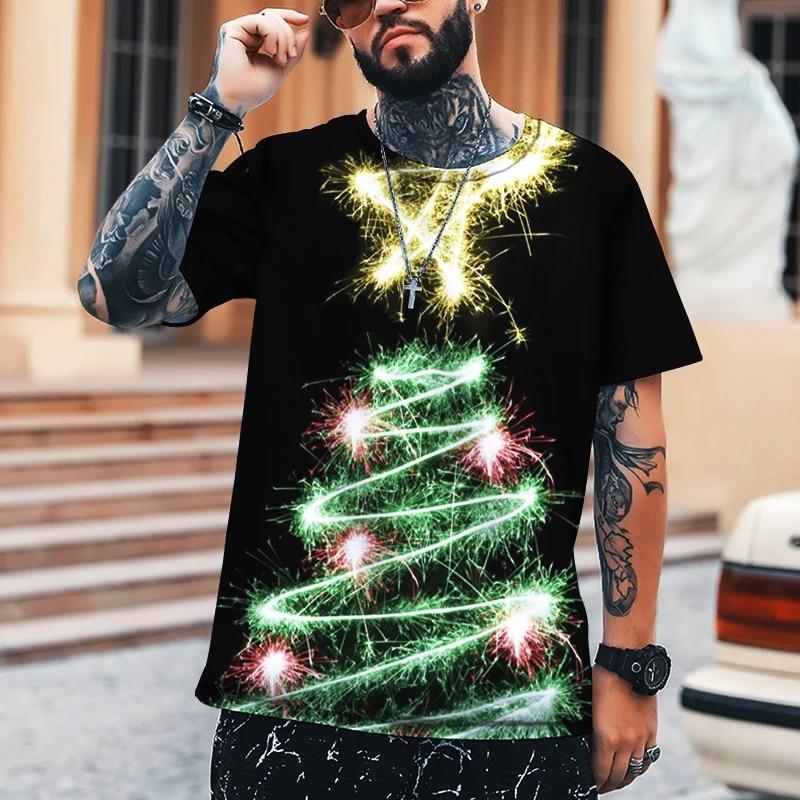 

Летняя мужская футболка с дизайном Санта-Клауса, Рождественская елка, футболка с круглым вырезом, футболка с 3D принтом, свободная футболка большого размера 5XL