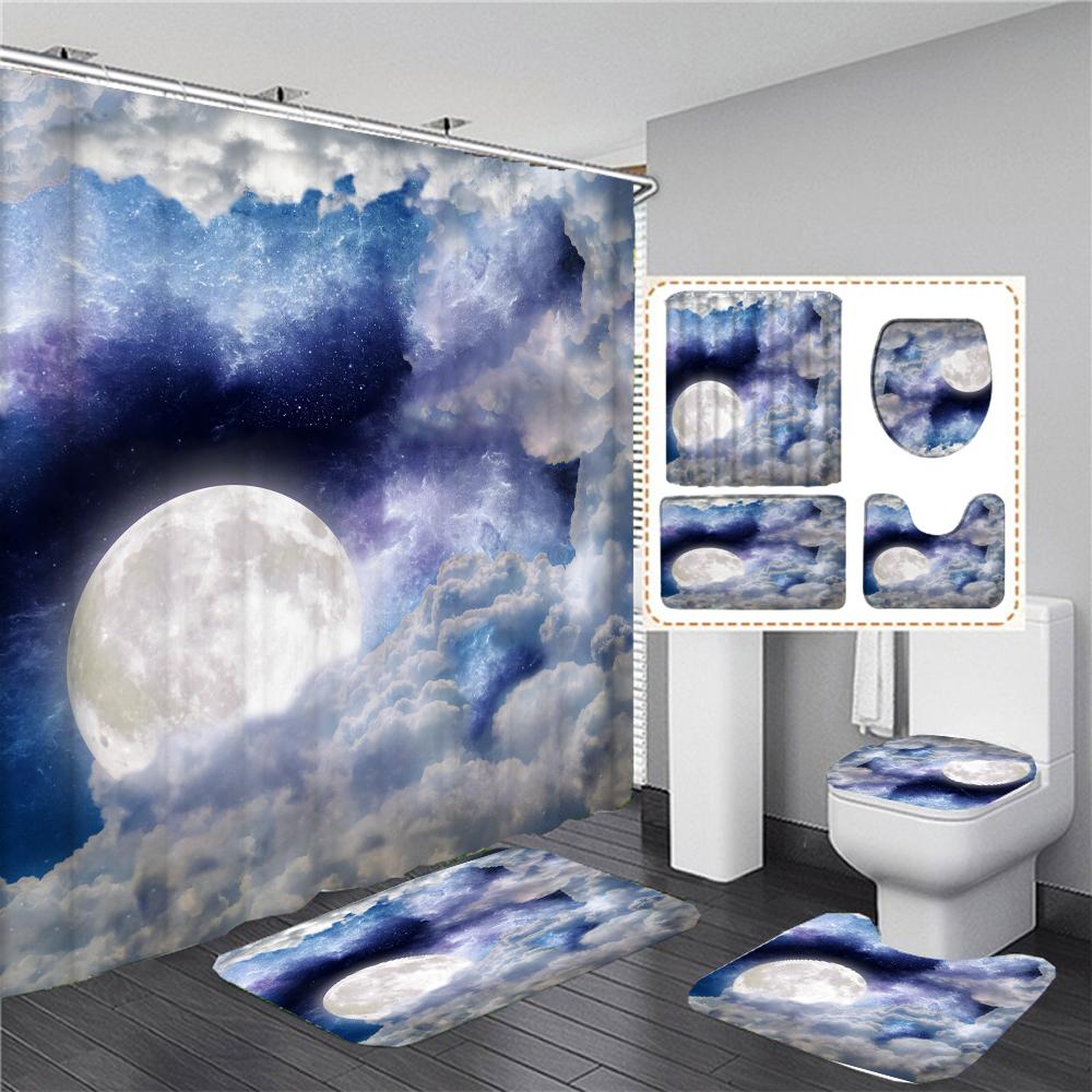 Waterproof Shower Curtain Set Moonlight Sea Starry Sky Scenery Bath Rug And Mats With Hooks Toilet Seat Cover Bathroom Decor