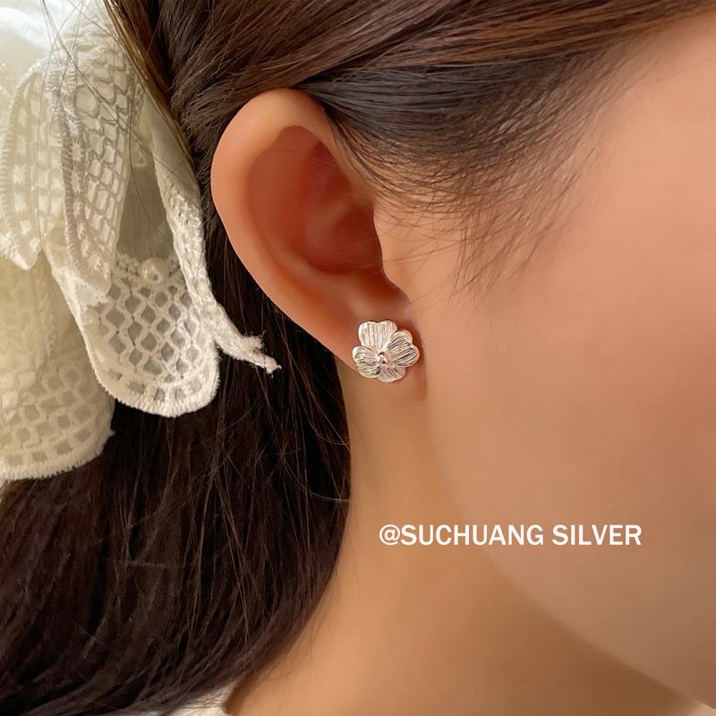 Su Chuang S925 Sterling Silver Floral Stud Earrings - Elegant, Light Luxury Design for Girls