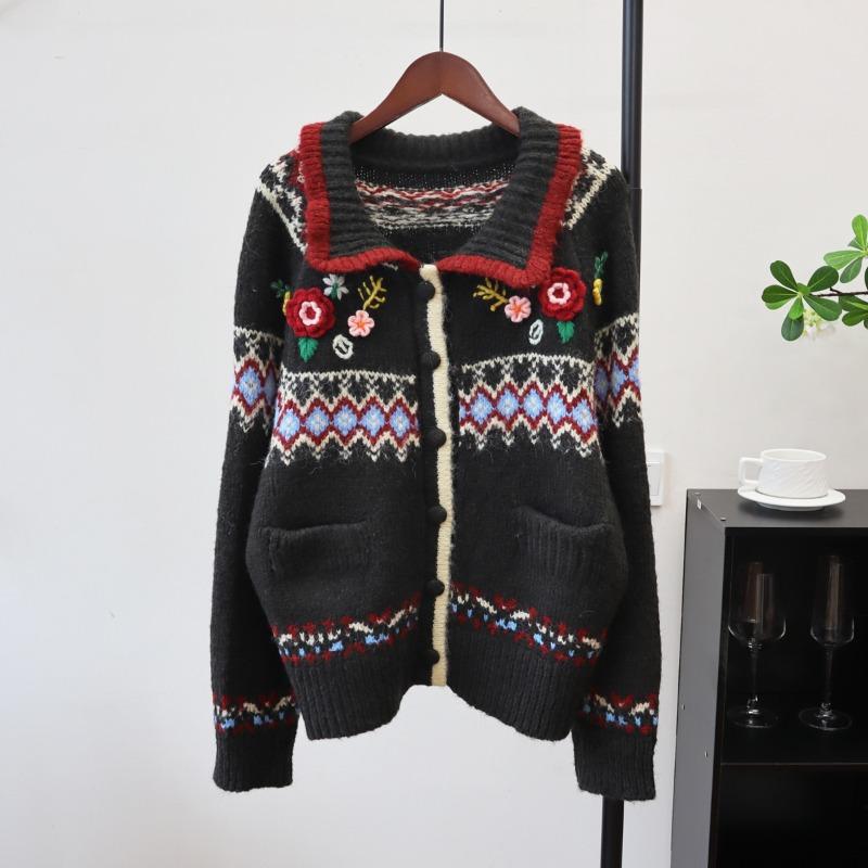 

Свитер-жакет с трехмерным цветком на лацкане Fair Isle, новинка осени и зимы, свободный вязаный кардиган в студенческом стиле для женщин One Size