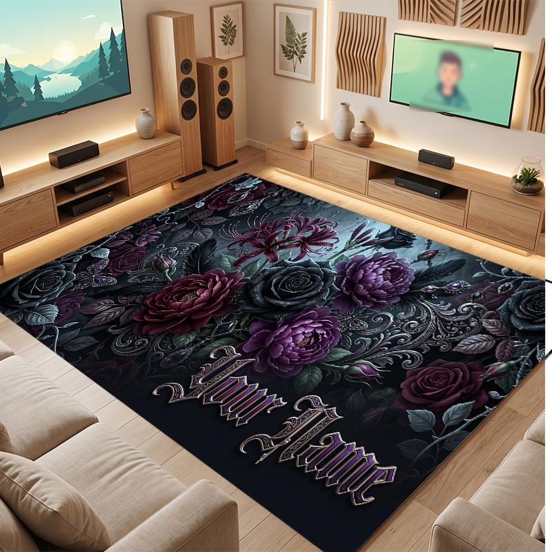 Floral Garden Theme Soft Crystal Velvet Rug Custom Name & Text Print Non Slip Floor Rug for Bedroom Living Room