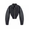Womens Short PU Leather Jacket With Collar Long Sleeve Streetwear Chic Casual Coat