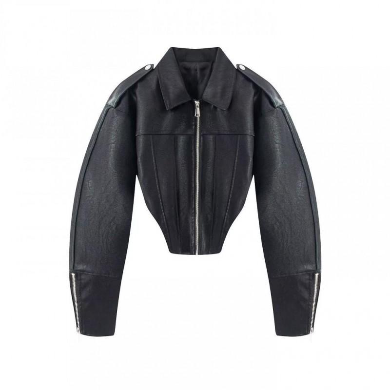 Womens Short PU Leather Jacket With Collar Long Sleeve Streetwear Chic Casual Coat