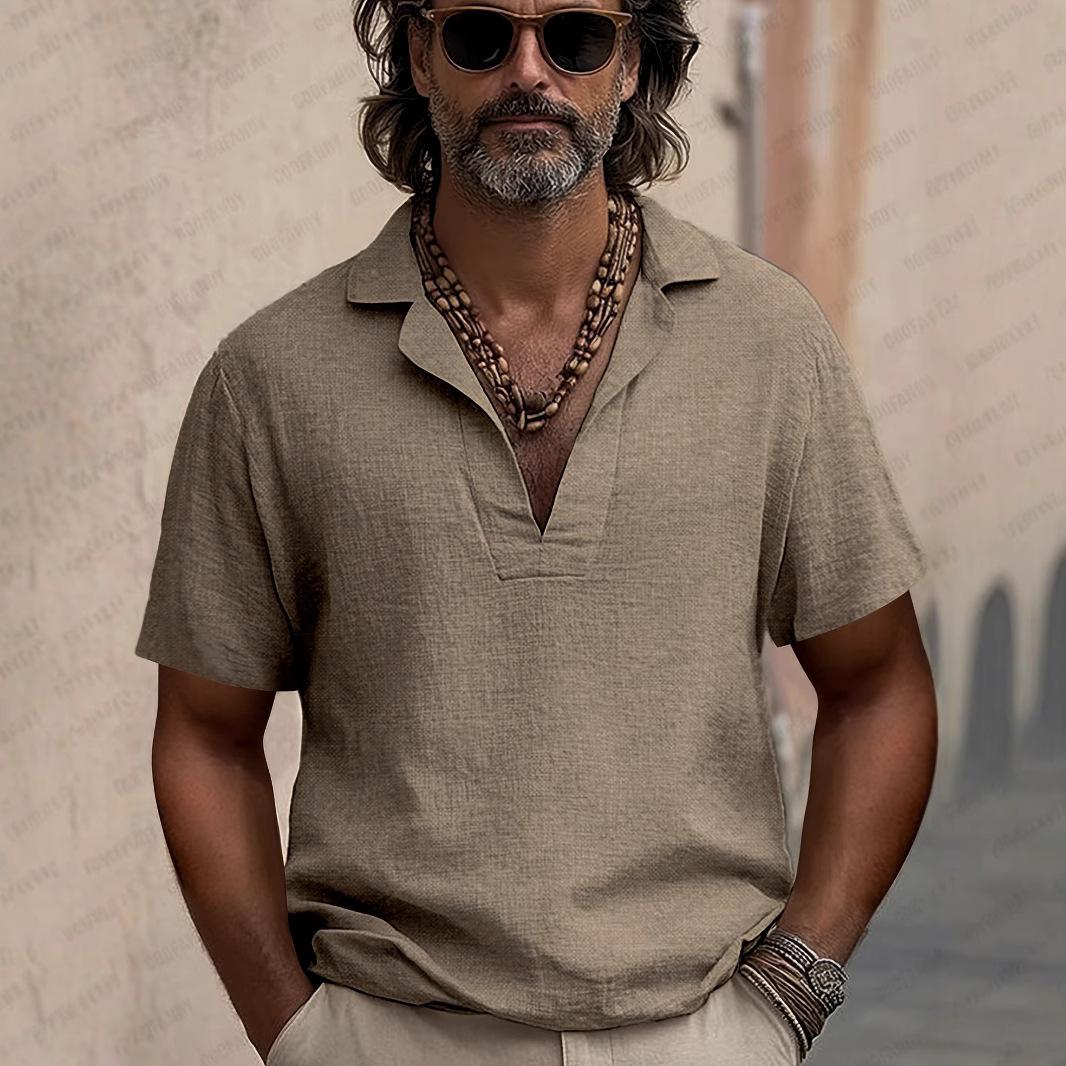 

Men s Beige Linen Polo Shirt Short Sleeve V-Neck Loose Fit Casual Breathable Daily Vaion Top XXXL