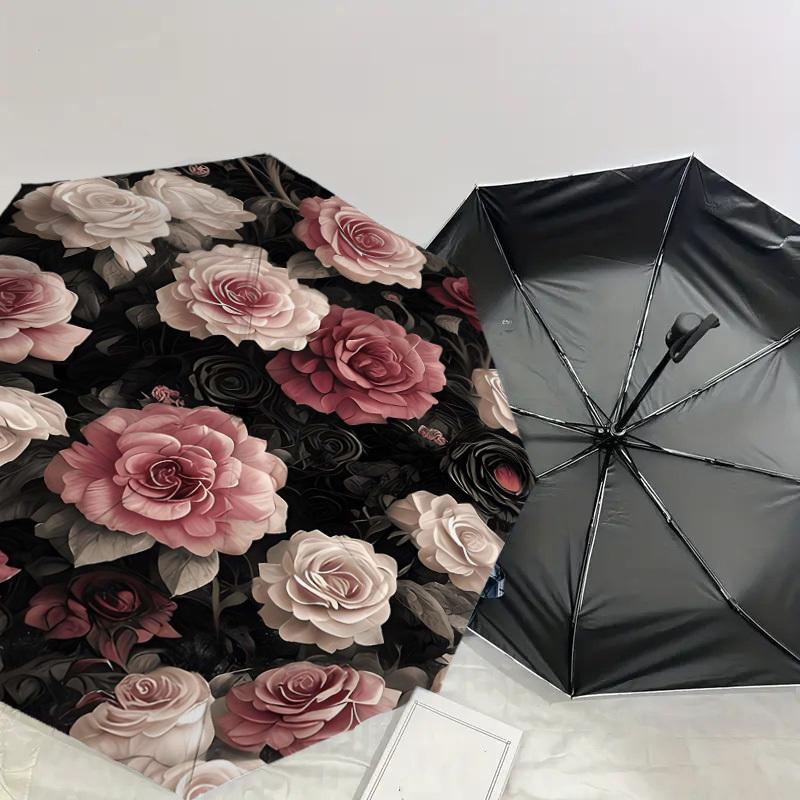 1 Stück Rosenblumen Automatisches Öffnen/Schließen Regenschirm Kompakter Faltregenschirm mit 8-Speichen-Gestänge Leichtes Design, Hochwertiges Gewebe1191A
