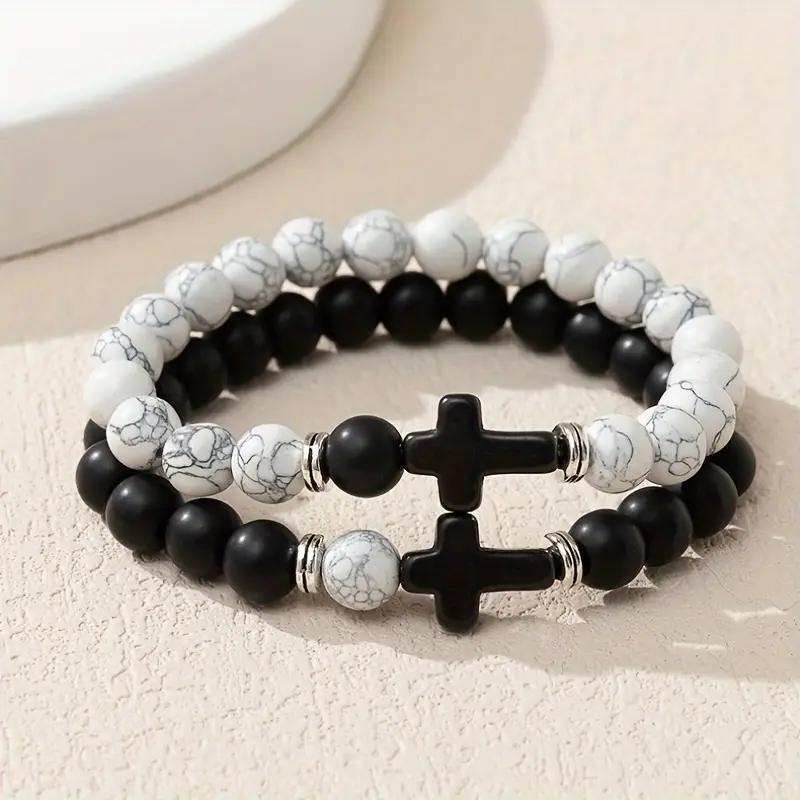 2Pcs Cross Beaded Bracelet Set For Men Women Fashion Black White Beaded Bracelet Trendy Punk Party Daily Wear Jewelry Gifts 2026